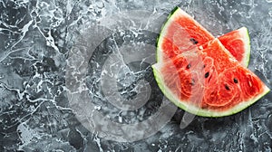 A close up of a slice of watermelon on top of some marble, AI