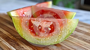 A close up of a slice of watermelon on top of wood, AI