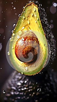 close up sliced dewy avocado whith green blurred background