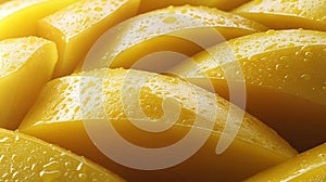 Close-up of sliced, juicy mango segments