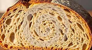 A close-up of a sliced loaf of bread showcasing its interior texture. The bread features