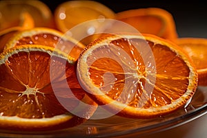 Close Up of Sliced Oranges on a Plate Glass Bowl on Table photo