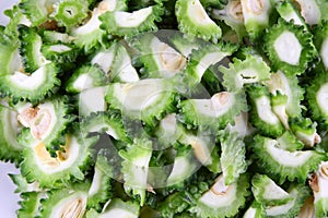 Close up of Sliced organic bitter melon.