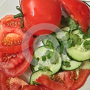 Close-up of sliced tomatoes, cucumbers and cilantro