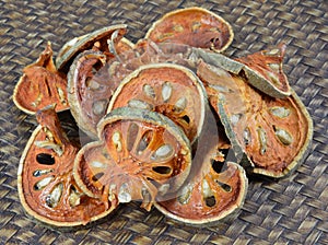 Close up slices of dried bael fruit