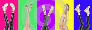Close-up slim female legs in different shoes isolated on colorful background