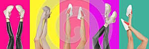 Close-up slim female legs in different shoes isolated on colorful background