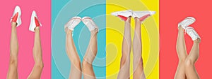 Close-up slim female legs in sports shoes isolated on vibrant colors background