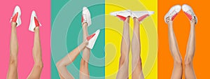 Close-up slim female legs in sports shoes isolated on vibrant colors background