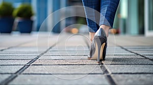 Close up of slim legs of woman wearing high heel shoes. Generative AI