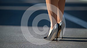 Close up of slim legs of woman wearing high heel shoes. Generative AI