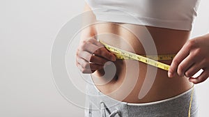 Close up of slim woman measuring her waist