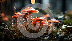 Close up of a slimy orange toadstool in autumn generated by AI
