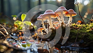 Close up of a slimy orange toadstool in a wet forest generated by AI
