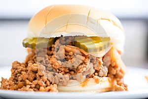 close-up of sloppy joe on a white bun, meat overflowing