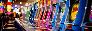 Close up of slot machine drums spinning and rotating with bright lights and various colorful symbols