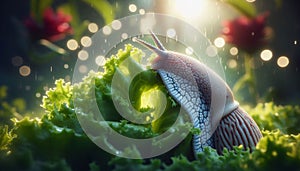 Slug eating lettuce with 8k detail, bokeh effect, and natural light photo