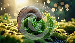 Slug eating lettuce with 8k detail, bokeh effect, and natural light photo