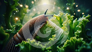 Slug eating lettuce with 8k detail, bokeh effect, and natural light photo