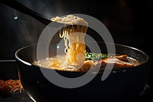 close-up of slurping ramen, with steam rising from the hot broth