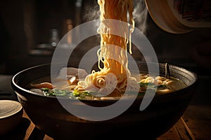 close-up of slurping ramen, with steam rising from the hot broth