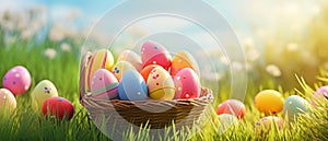 Close-up of Small basket with many painted and colored Easter Eggs put in the grass with a very sunny day