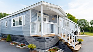 Close up of small blue gray mobile home with a front and side porch with white railing Generative AI