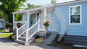 Close up of small blue gray mobile home with a front and side porch with white railing Generative AI