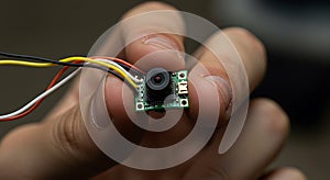 Close up of a small electronic camera held in a person's hand