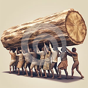 Close up of small figuring people carrying a big log together