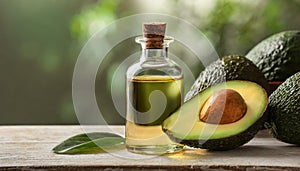 Close-up of small glass bottle of avocado essential oil and fresh avocado on table. Organic product