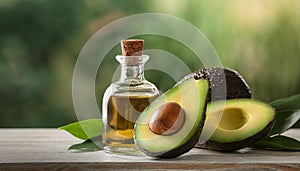 Close-up of small glass bottle of avocado essential oil and fresh avocado on table. Organic product