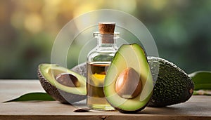 Close-up of small glass bottle of avocado essential oil and fresh avocado on table. Organic product