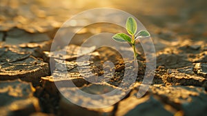 Close-up of a small green plant making its way out from under the dry cracked earth. The concept of drought management