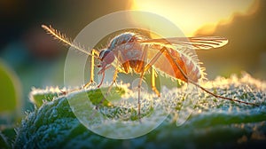 Close-up of a small insect on a leaf at sunset