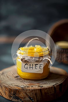 Close-up a small jar with ghee butter with inscription \