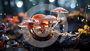 Close up of a small orange toadstool in the autumn forest generated by AI