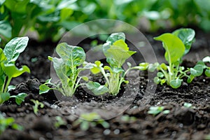 Close up of small plants growing in the ground, vegetables like spinach and lettuce. Ai generated