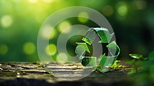 A close-up of a small Recycle symbol is captured against a backdrop of green bokeh and horizontal lines representing nature