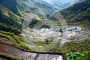 Close up on small village in Batad rice terraces, Banaue, Ifugao, Philippines