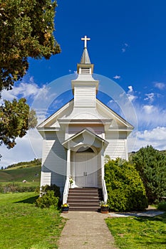 Close-up of a small white church in Rancho Nicasio, in Marin County California photo