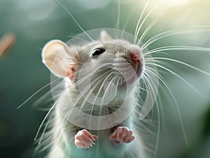 A close up of a small white mouse looking up. Generative AI. Generative AI