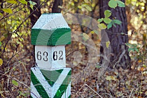 Close-up of small wooden white and green border pillar at the forest