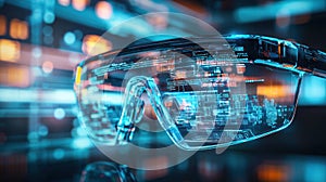 A close-up of smart glasses displaying augmented