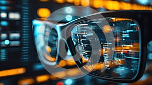 A close-up of smart glasses displaying augmented
