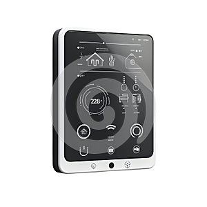 Close up of a smart home control panel mounted on a white wall showcasing interface