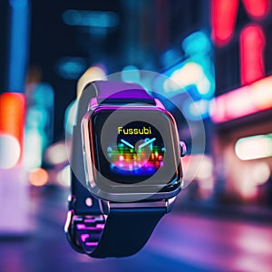 A close up of a smart watch on a city street. Generative AI image.