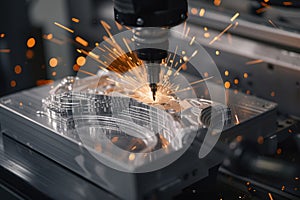 Close up of smart worker hands holding drill with sparkling from machine. AIG42.