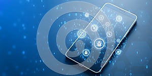 Close up of smartphone with creative connected digital business interface with various icons and binary code on blurry background