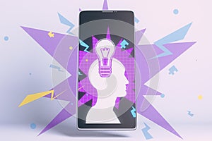 Close up of smartphone with creative digital head with puzzle on light background. Idea and solution concept.